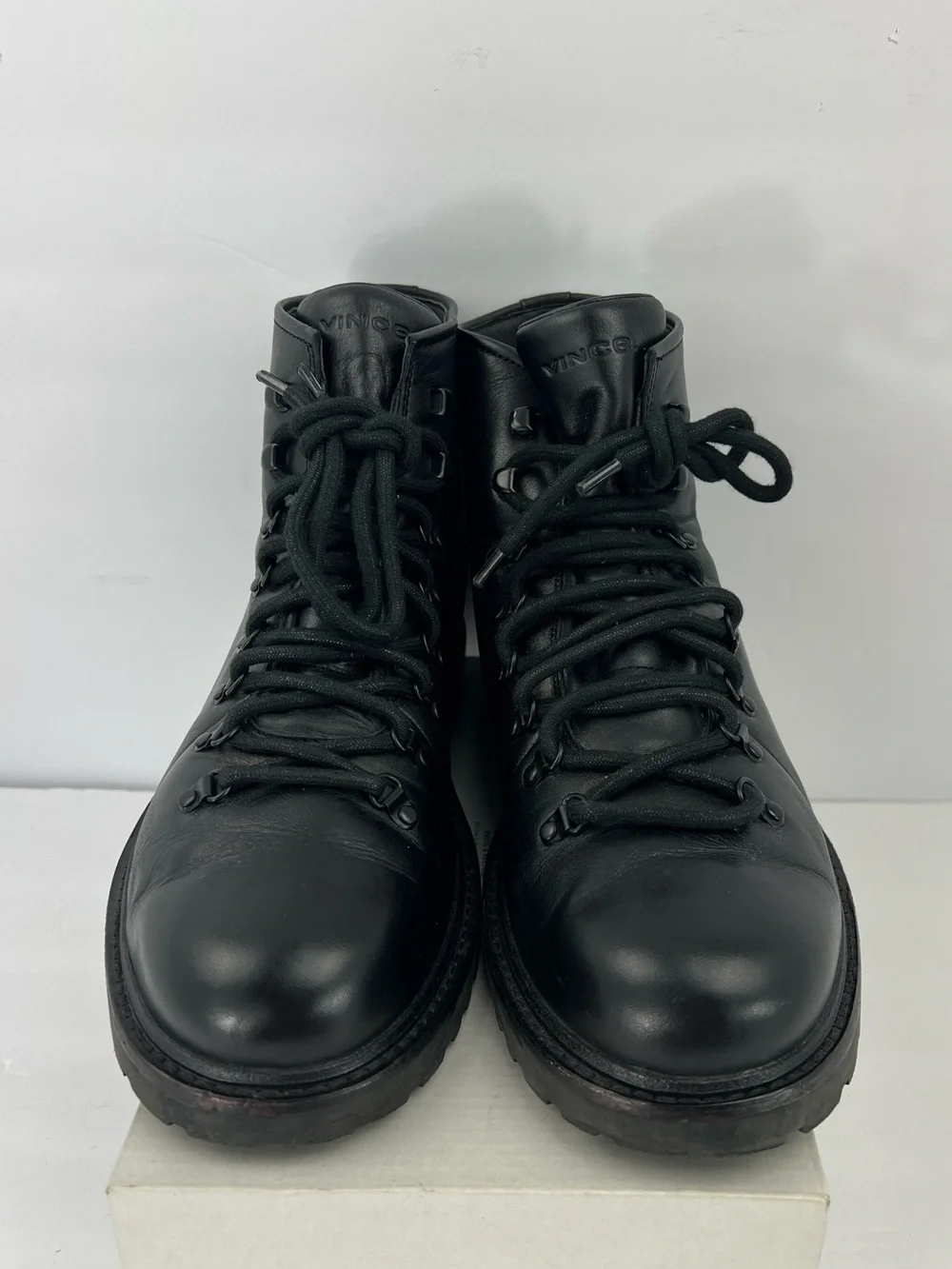 VINCE SAFI LACEUP BOOTS, BLACK UPPER LEATHER, SIZE US10, EU44
